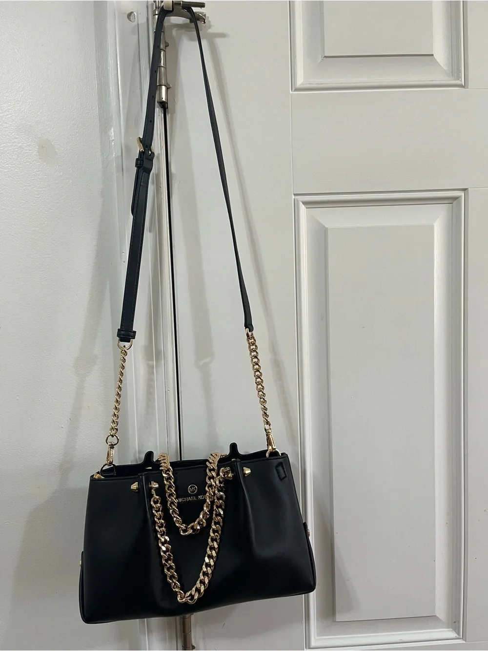Michael Kors Black Leather Shoulder Tote with Gold Chain Accents